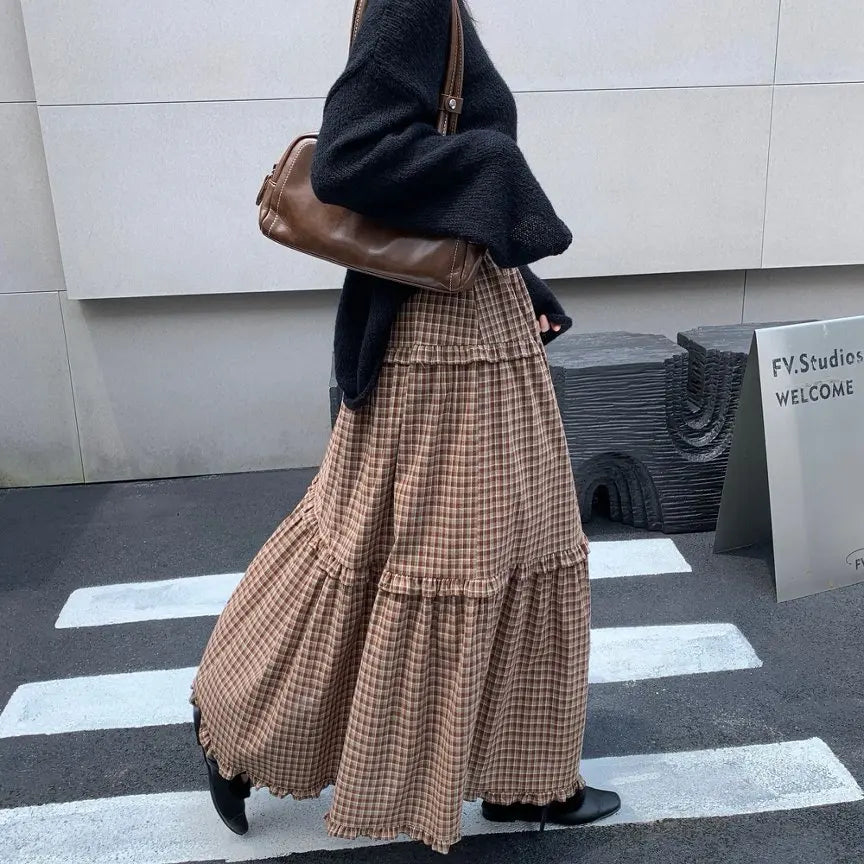 Qiukichonson 100%Cotton Plaid Skirt Women 2026 Spring Autumn Korean Casual High Waisted A-Line Ruffles Midi Long Maxi Skirts rok