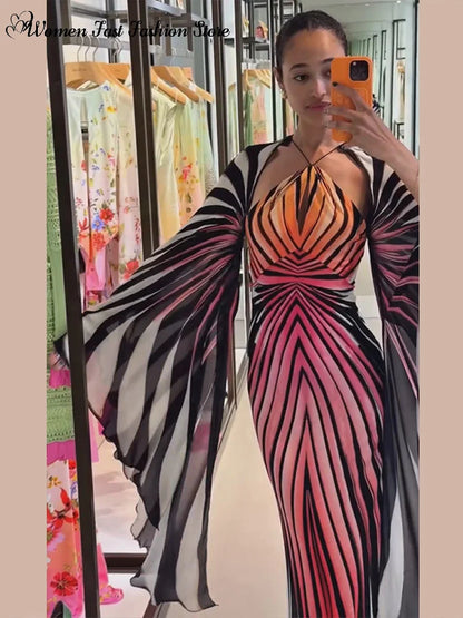 Printed Batwing Sleeve Halter Party Dress Women's Sexy Backless Full Sleeved Maxi Dresses 2026 Autumn Lady Evening Gown