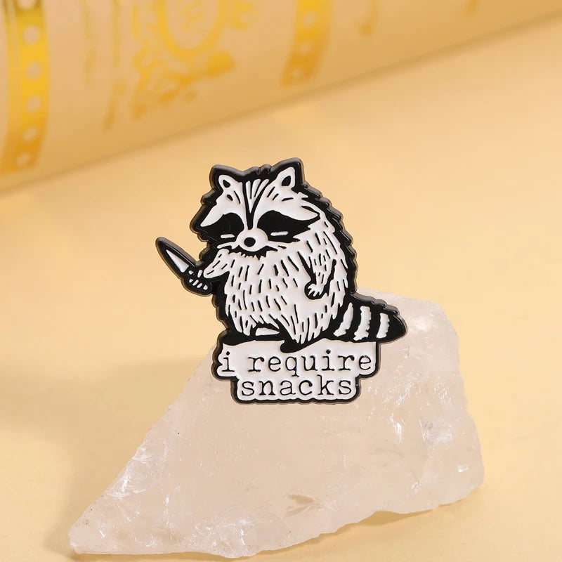 I Require Snacks Enamel Pins Cartoon Trash Panda Raccoon Brooches Lapel Badges Funny Animal Jewelry Gift for Kids Friends