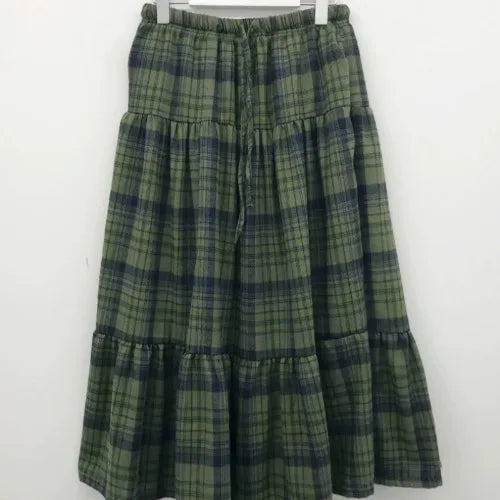 Women's Green Plaid Tiered Long Skirt