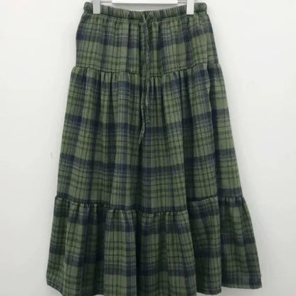 Women's Green Plaid Tiered Long Skirt