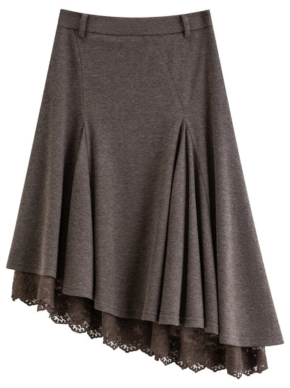 FSLE 2026 Winter Women's Vintage-Inspired Elegant Lace Panel Asymmetric Hem Midi Skirt - Chic Flattering for Everyday Wear