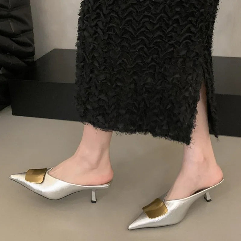 Maogu Luxury Slides Pointed Toe Ladies Shoes Summer Fashion Footwear Thin Mid Heels Shoe Slides Slippers Women 2025 Chain Mules