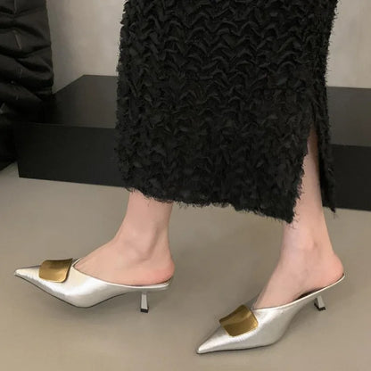 Maogu Luxury Slides Pointed Toe Ladies Shoes Summer Fashion Footwear Thin Mid Heels Shoe Slides Slippers Women 2025 Chain Mules