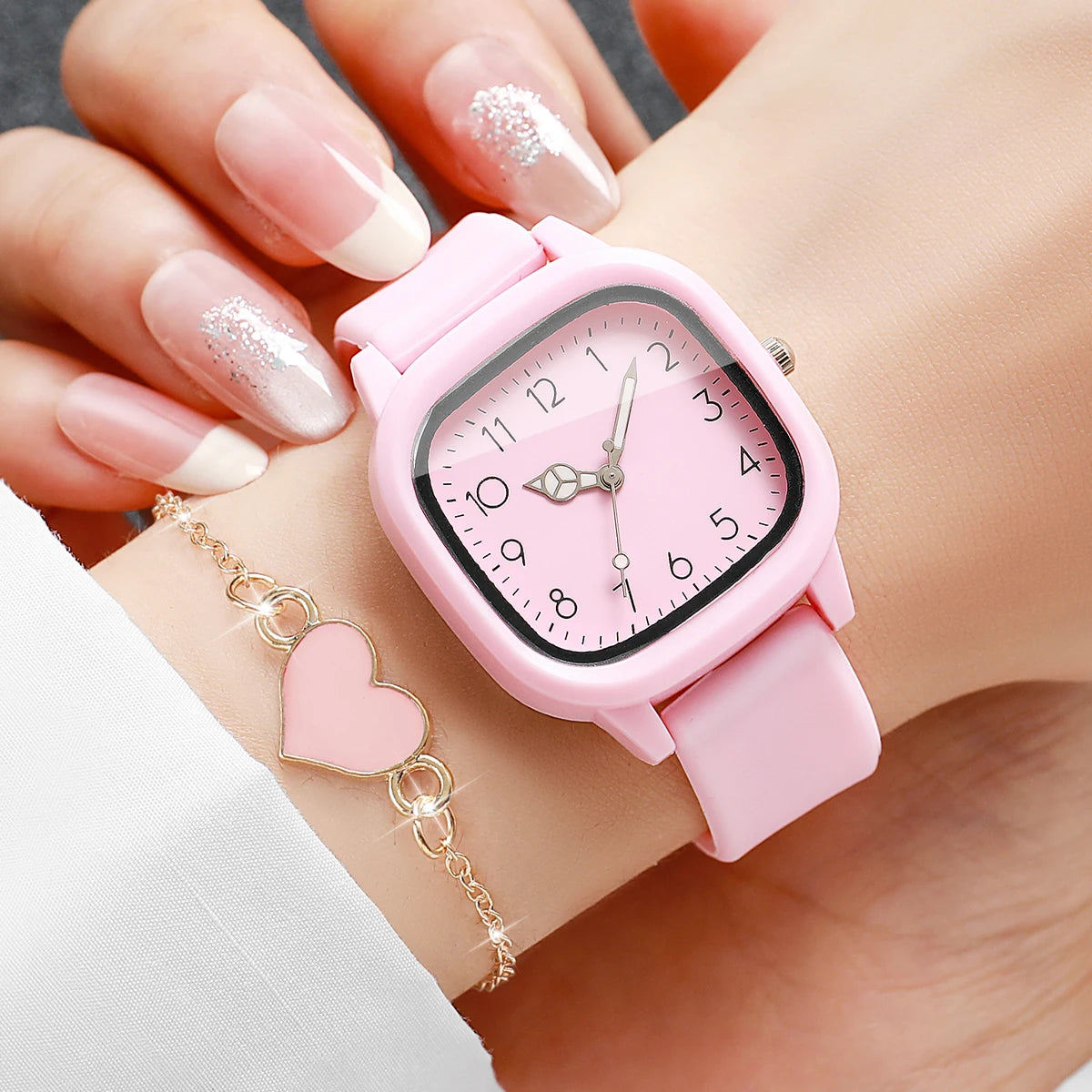 2PCS Fashion Square Women Watch Heart Bracelet Set Casual Pink Silicone Strap Quartz Wristwatch Relogio Feminino(Without Box)