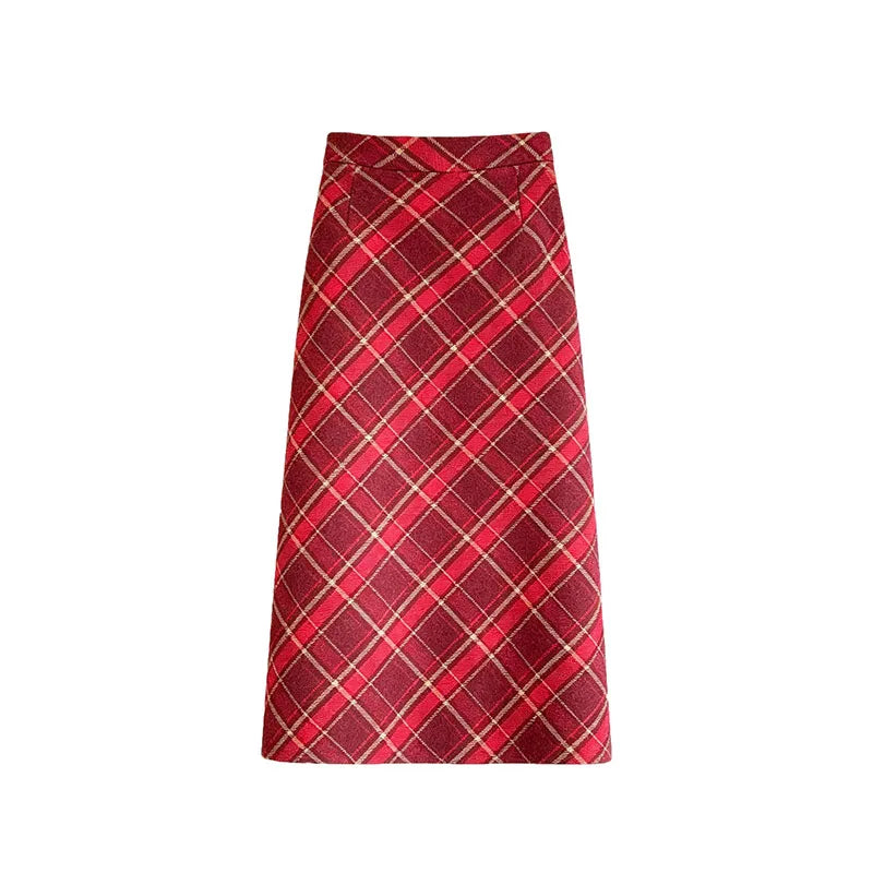 Plaid Woolen Skirts Women New Fashion 2026 Autumn Winter High Waisted Straight Midi Skirts Woman Preppy Style Retro Long Skirt