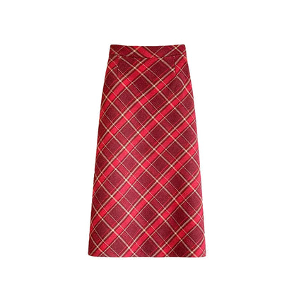 Plaid Woolen Skirts Women New Fashion 2026 Autumn Winter High Waisted Straight Midi Skirts Woman Preppy Style Retro Long Skirt