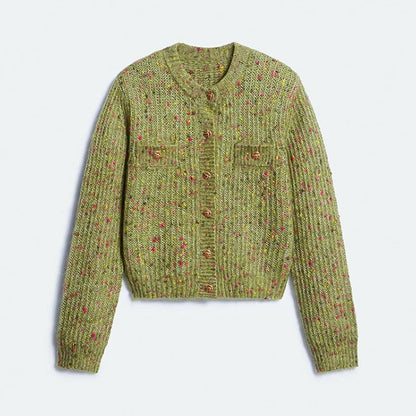 Knitted Cardigan For Women Single Breasted Elastic Hem Pocket O-Neck Women's Sweater Long Sleeve Short Blouse Chic Cardigan Lady
