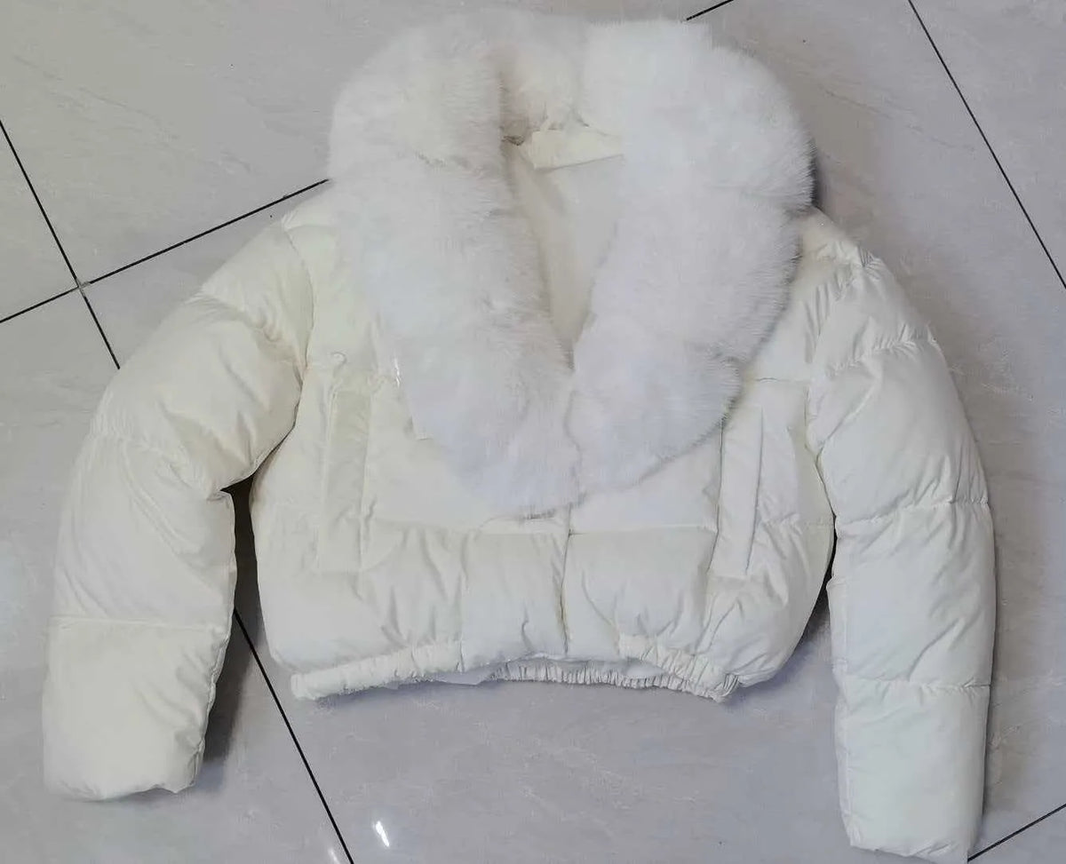 Women Cropped Puffer Jacket Long Sleeve Big Faux Fur Collar Snap Button Warm Winter Outerwear Fashion Casual Party Short Coat