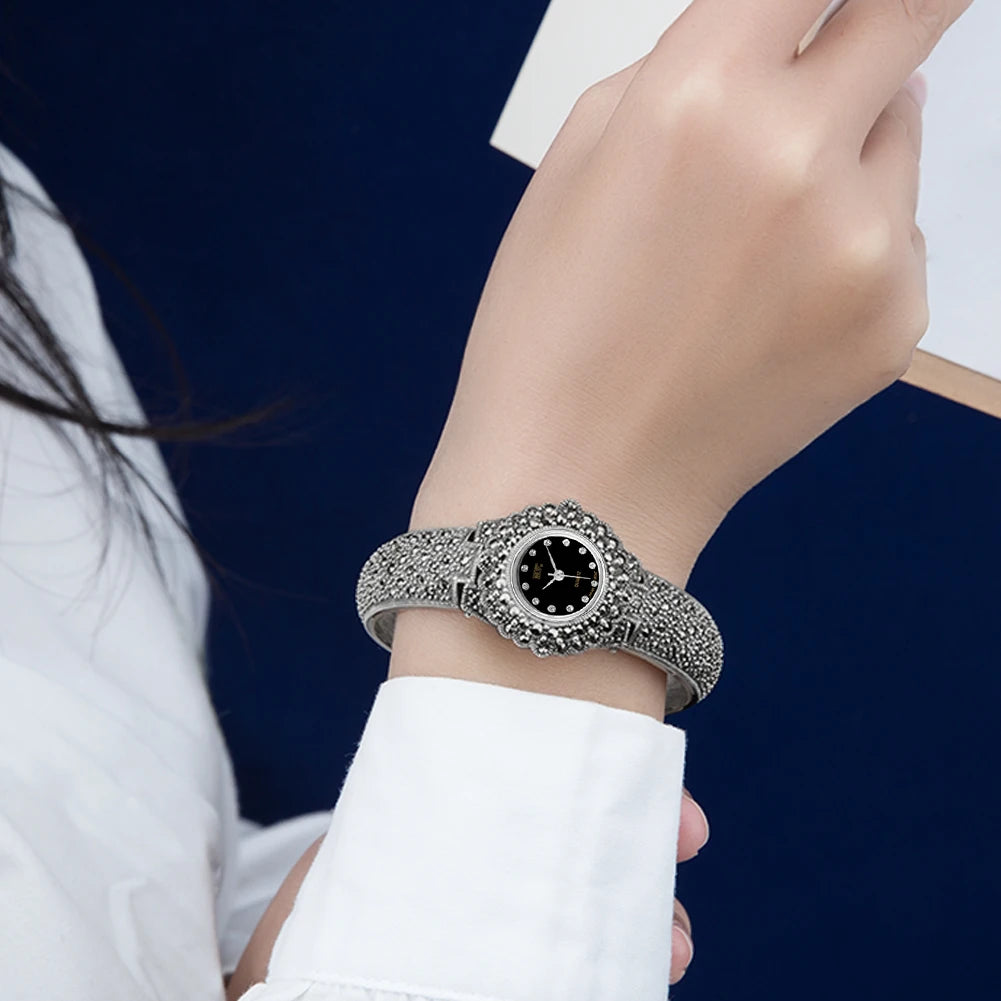 Solid 925 Sterling Silver Thailand Silver  Marcasite Luxury Wrist Watches Jewelry Women's Quartz Watches Bracelet Fine Jewelry