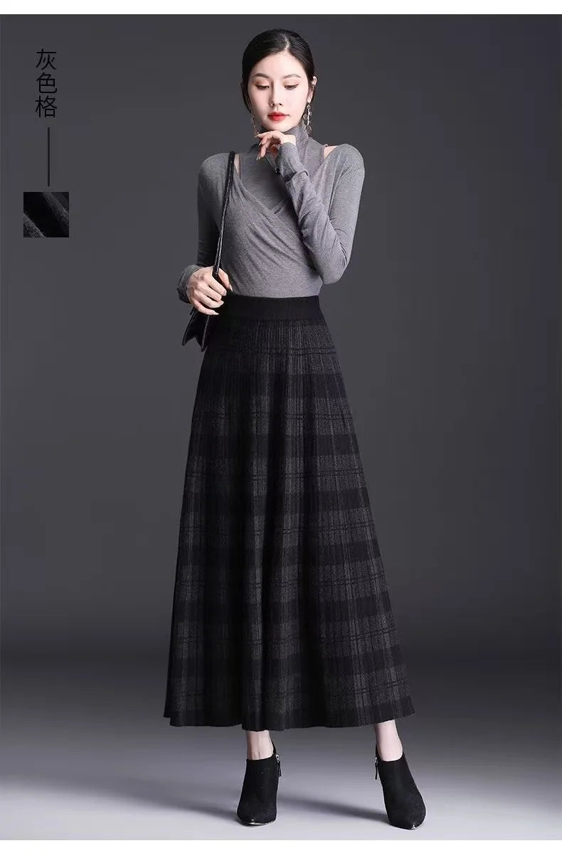 Women Checkered Knitted Skirt Autumn Winter Elastic High Waist A-line Long Skirt Female Thicken Plaid Knitted Sweater Skirts
