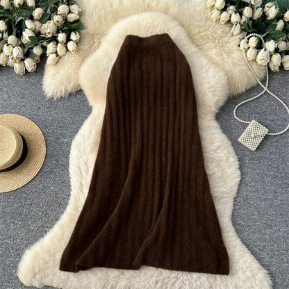 KARWomen Faux Mink Knit Pleated Midi Skirt High Waist Warm Fluffy A-Line Long Skirt Elegant Autumn Winter Solid Color Skirts 690