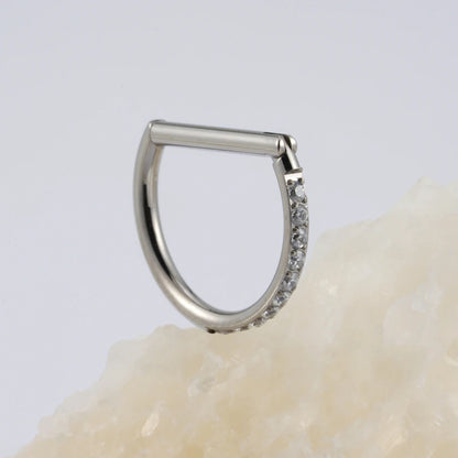 Right Grand ASTM F136 Titanium D Shape Septum Ring with CZ 16G Hinged Segment Clicker Hoop Conch Helix Piercing Body Jewelry