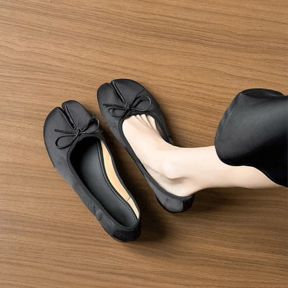 Women Satin Split Toe Ballet Flats Bowtie Slip On Shoes Elegant Silk Soft Flat Loafers Fashion Casual Walking Footwear