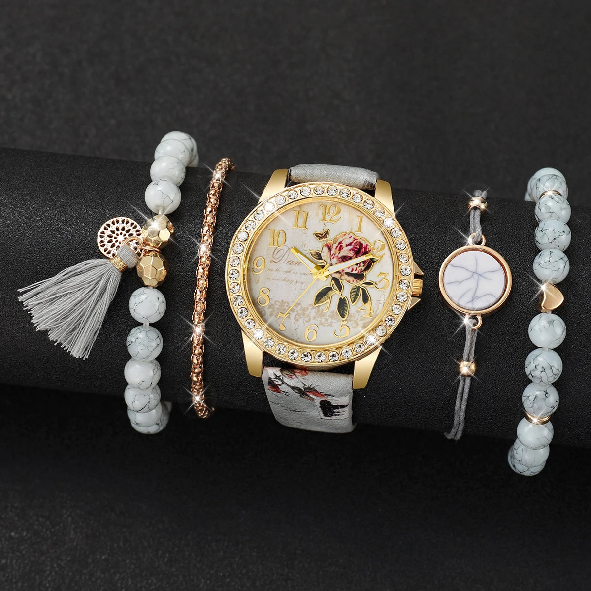 5PCS Fashion Flower Printed Women Watches Beads Bracelet Set Ladies Arabic Dial Wristwatch Reloj Hombre (Without Box)