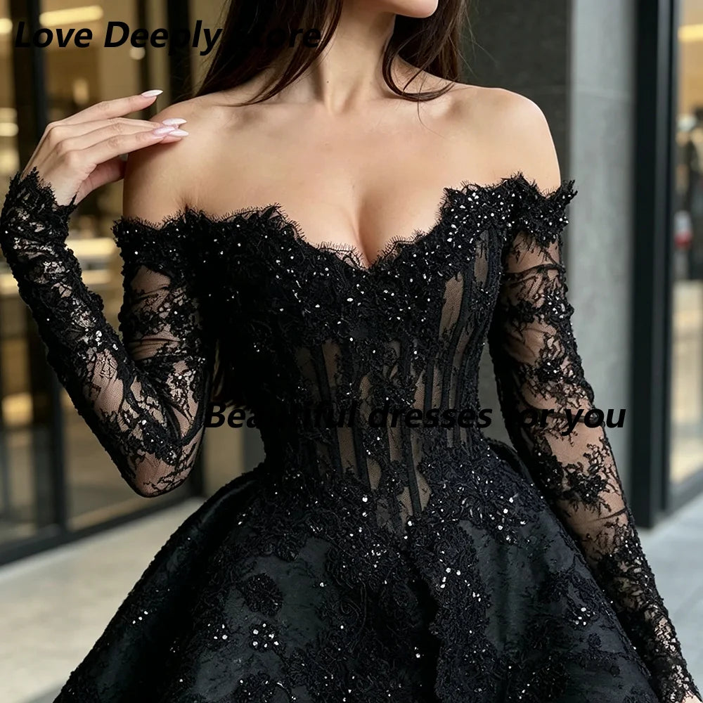 Black Lace Mini Cocktail Dresses for Woman Customized Sweetheart Neck 3/4 Sleeves Beading Luxury Prom Party Gowns 2026