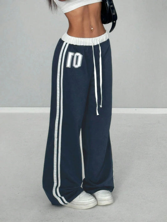Women’s Colour-Blocked Digital-Print Belted Patchwork Casual Sports Streetwear Loose-Fit Long Sports Trousers
