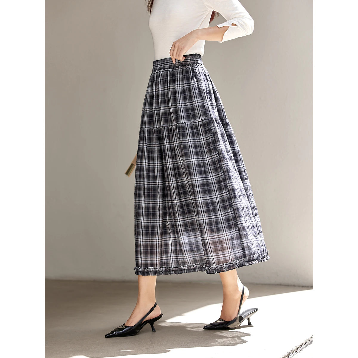 VIMLY Women's Vintage Plaid Skirt 2026 Autumn Casual Vintage Skirts Design Midi Skirt Commute Ruffle A-line Female Skirt A2980