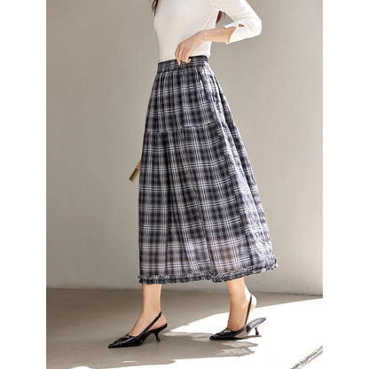 VIMLY Women's Vintage Plaid Skirt 2026 Autumn Casual Vintage Skirts Design Midi Skirt Commute Ruffle A-line Female Skirt A2980