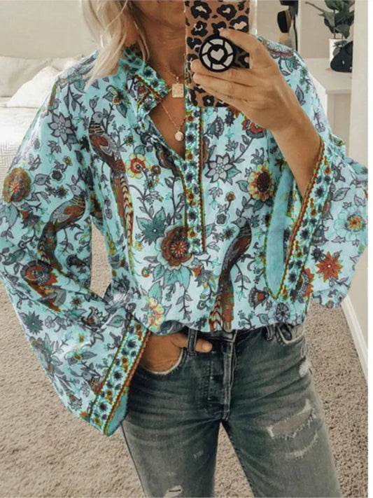 Women's Spring Autumn New Fashion Printed Shirt Button Open Loose Long Sleeve Stand Up Collar Casual Comfortable Shirt