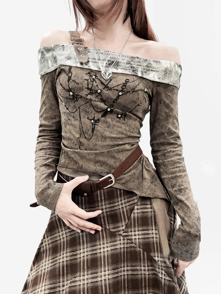 REDDACHiC Off Shoulder T-shirt Skirt Women Set Long Sleeve Top Irregular Ruffle Belted Midi Long Plaid Skirt Alt Vintage Clothes