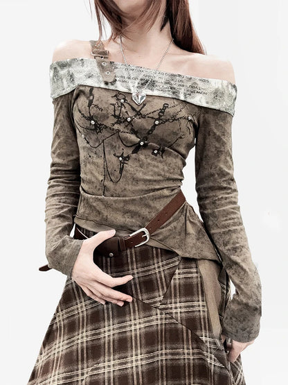 REDDACHiC Off Shoulder T-shirt Skirt Women Set Long Sleeve Top Irregular Ruffle Belted Midi Long Plaid Skirt Alt Vintage Clothes