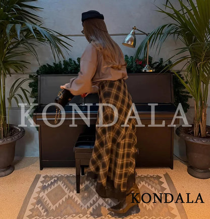 KONDALA Vintage Chic Lady Midi Skirt Plaid Lace Long Skirt Women New 2026 Spring Summer Elegant Commute Dinner Party Lady Skirt