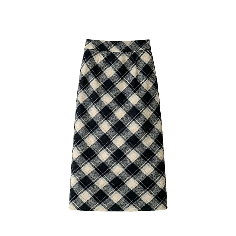 Plaid Woolen Skirts Women New Fashion 2026 Autumn Winter High Waisted Straight Midi Skirts Woman Preppy Style Retro Long Skirt