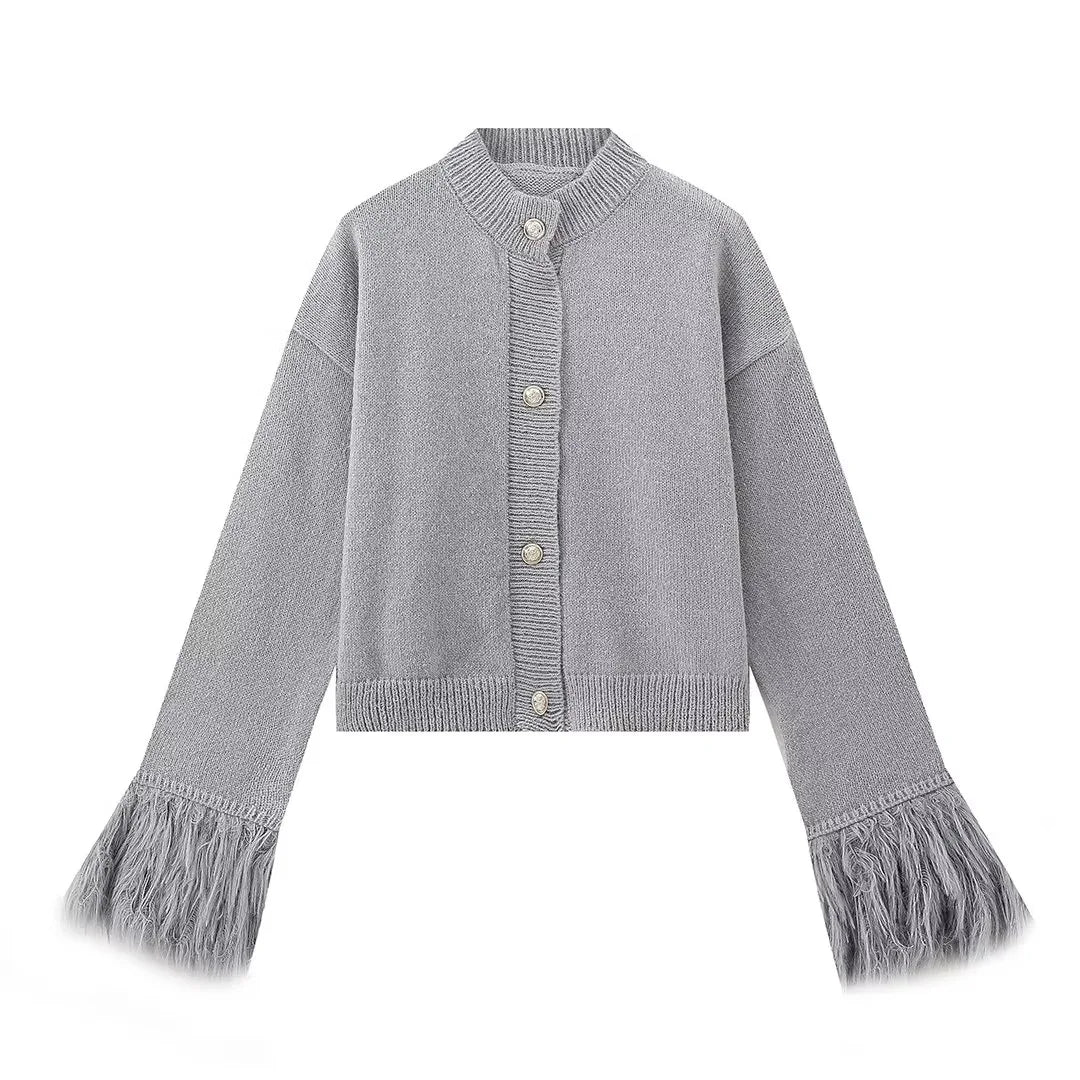 Solid Color Knitted Sweater for Women Chic O-Neck Long Sleeved Tassel Cardigan Tops Casual Single Breasted Outerwears