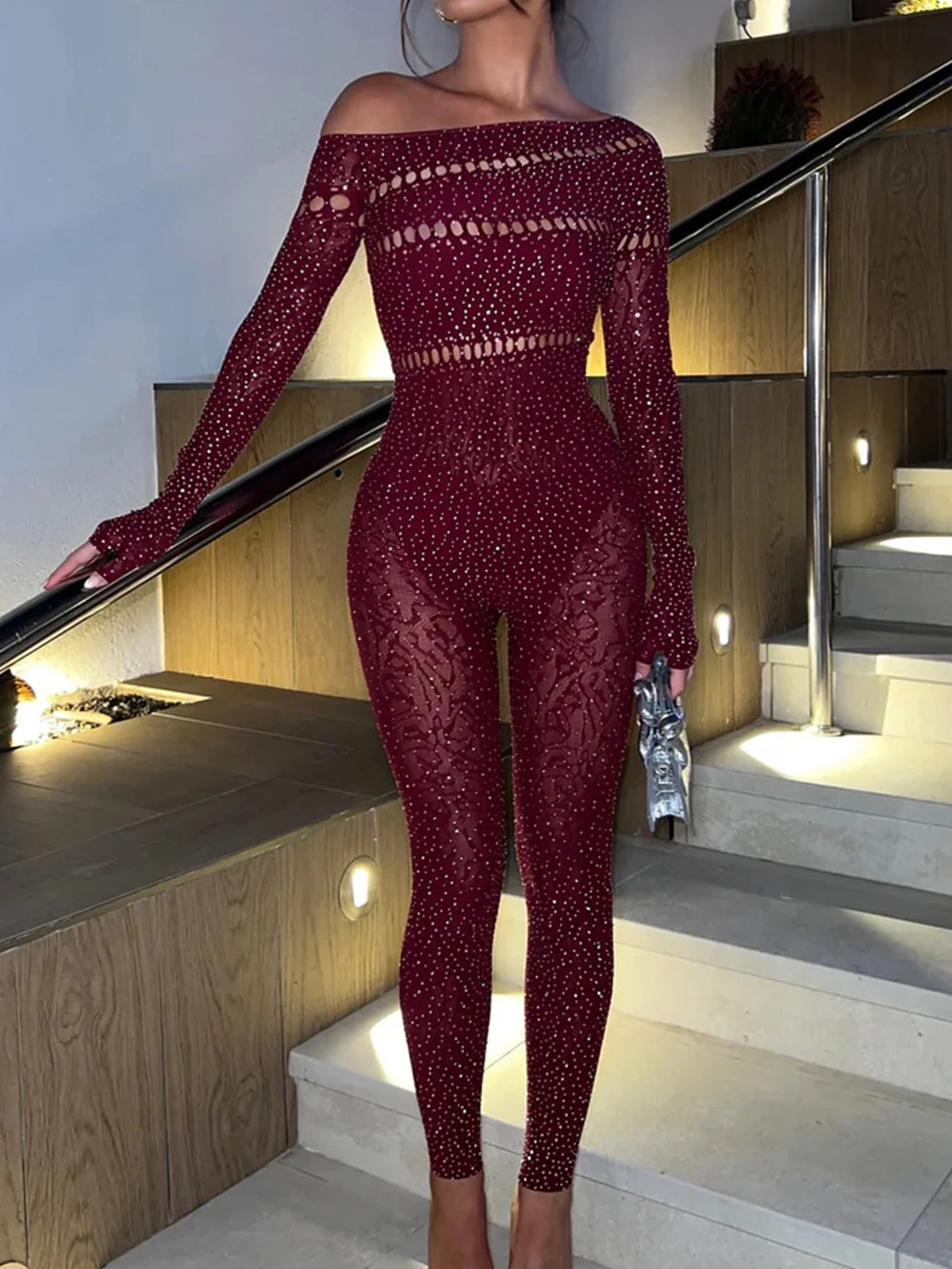 Sexy Long Sleeve Rhinestone Bodycon Jumpsuit Women Body Bodysuit Birthday Party Club Hollow Out Outfits Womens Jumpsuits Overall