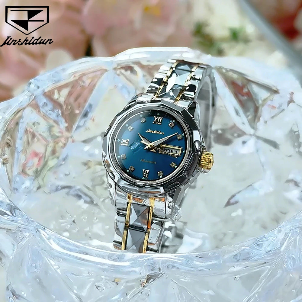 JSDUN Women's Watches Luxury Fashion Tungsten Steel Strap Sapphire Mirror Original Automatic Mechanical Wristwatch for Lady Date