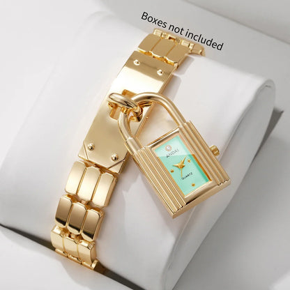 Fashion Blue Lock Shape Women Quartz Watch Golden Bracelet Strap Ladies Dress Wristwatches Clock Relogio Feminino（Without Box）
