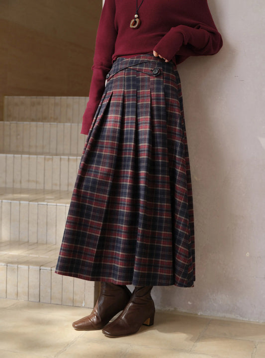 Women's Red Plaid Pleated Long Skirt