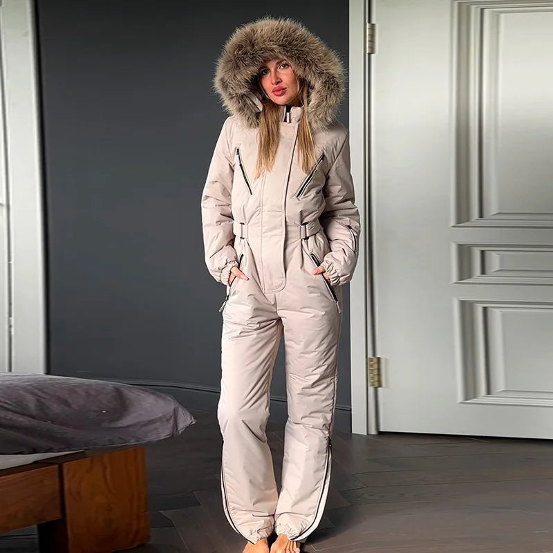 Women Floral Print Hooded Ski Set Stand Belt Waist Zipper Straight Jumpsuit Retro Fashion Sheath Warm Sport Winter 2026 Skiwear