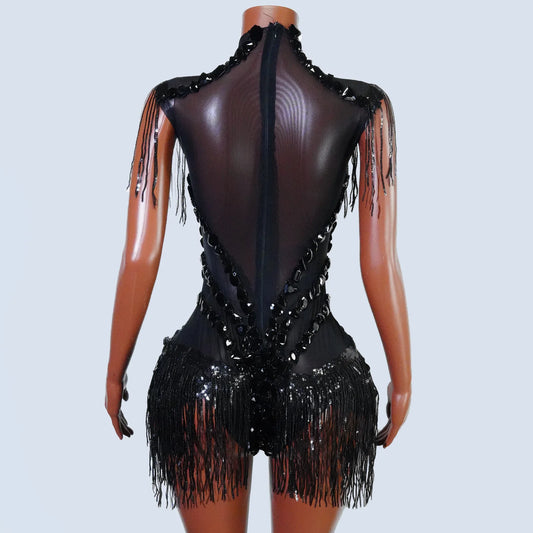 Black Sequins Fringes Leotard Mesh See through Party Bodysuit Women Sparkle Rhinestones Nightclub Prom Gogo Dance Stage Outfits