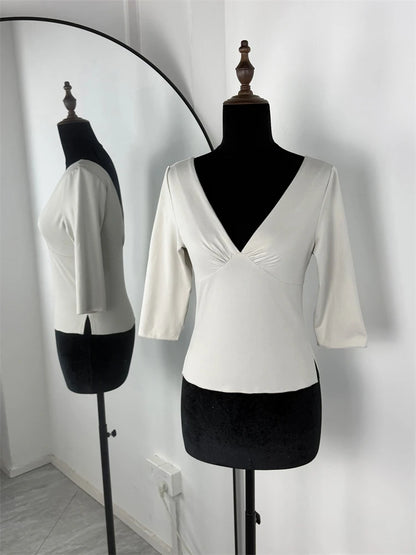 Summer V-Neck Sexy T-Shirts Top Women Solid Patchwork Casual Solid Slim Commute Y2k Top Pullover Female Backless Tee Top 2026