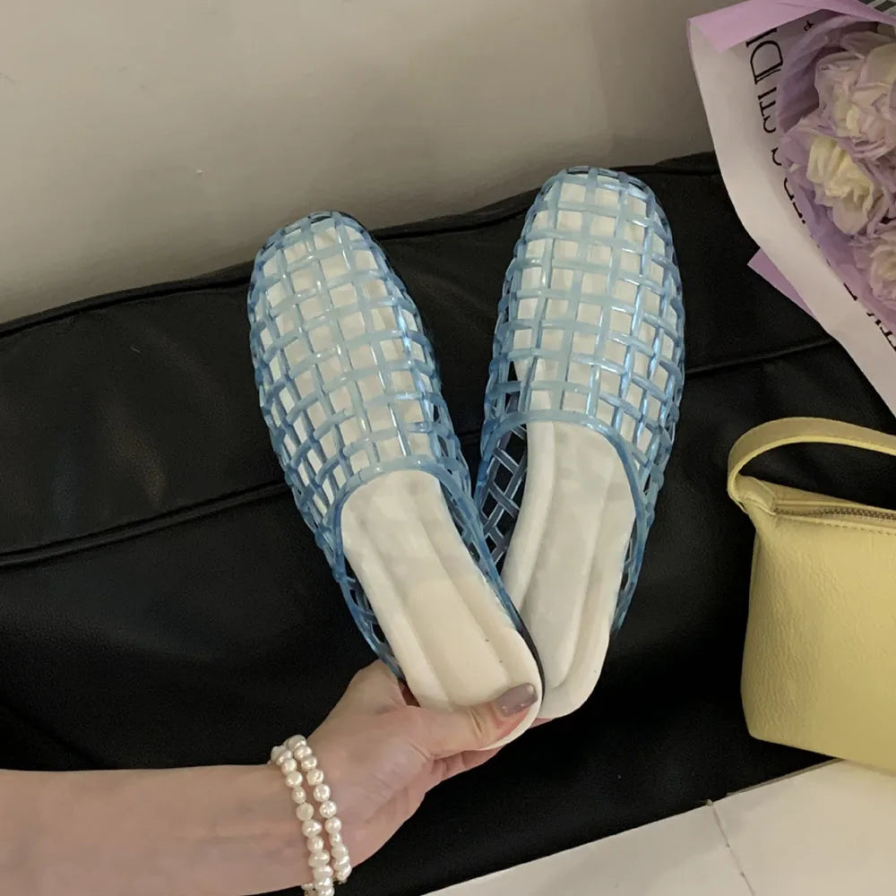 Design Mesh Jelly Shoes Hollow Round Toe Beach Shoes Comfy Fashion Transparent Sandals Women Summer New Weave Flat Jellies Shoes