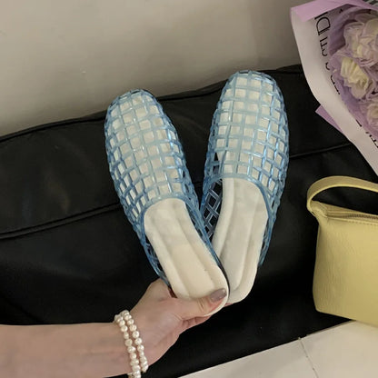 Design Mesh Jelly Shoes Hollow Round Toe Beach Shoes Comfy Fashion Transparent Sandals Women Summer New Weave Flat Jellies Shoes