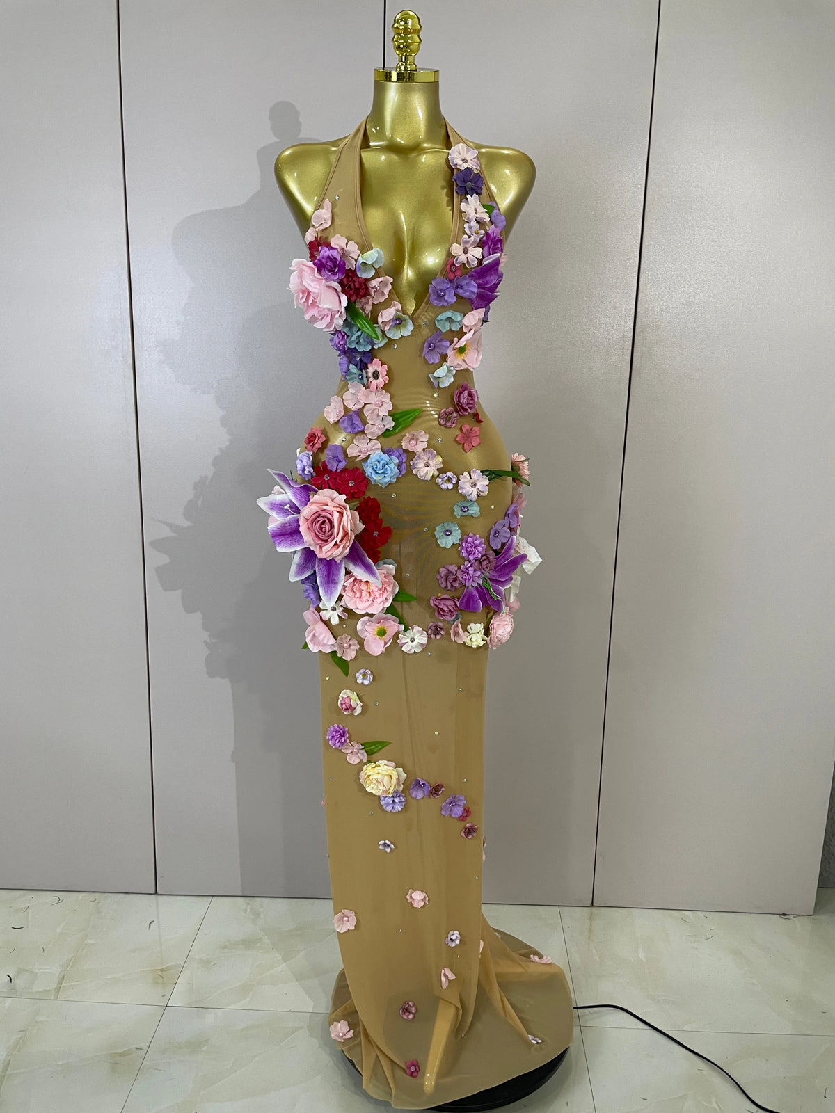 Sexy Halter Mesh See Through Long Dress Women Sparkly Diamonds 3D Flower Evening Party Birthday Photoshoot Nightclub Stage Wear