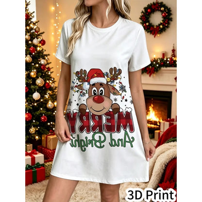3D Fun Santa Claus Printed New Year Party Dress Women's Short Sleeve Round Leader Casual Loose Mini Dress Vestidos De Mujer
