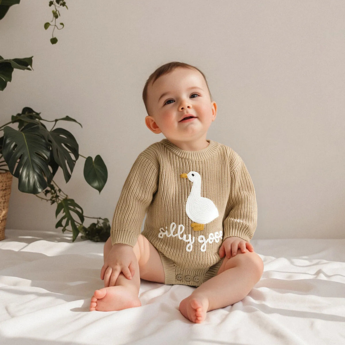 Infant Baby Knitted Rompers Cute Long Sleeve Round Neck White Goose Letter Embroidery Jumpsuit