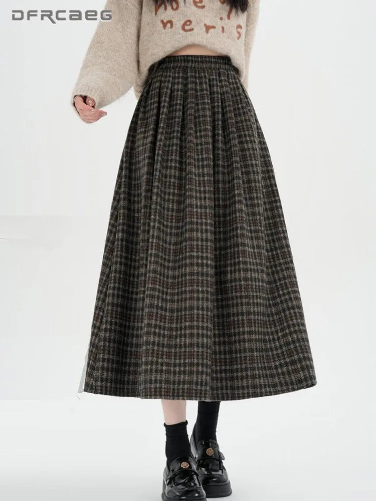 American Style Thickened Wool Vintage Plaid Midi Skirt Woman Elastic Waist Winter Casual A-Line Long Skirts Lady