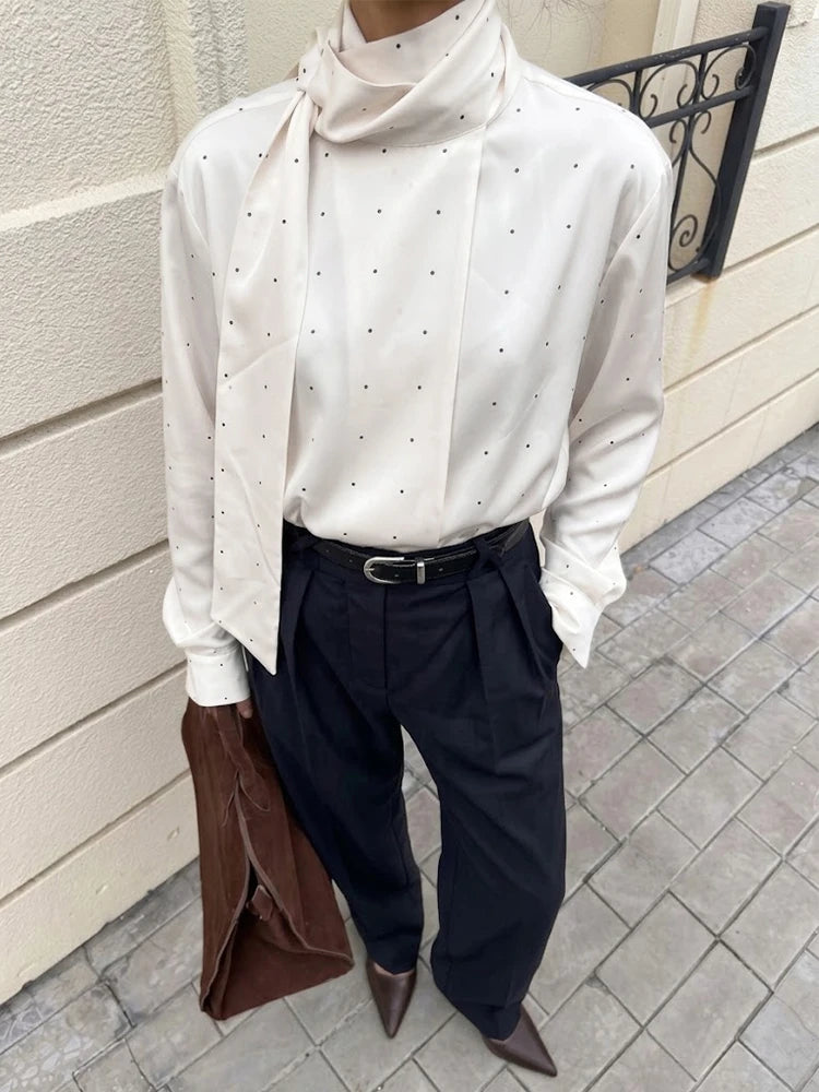 Elegant Women's Polka Dot Scarf Neck Blouses Long Sleeve Loose Shirts 2026 New Casual Commute Office Lady Tops White Black Brown