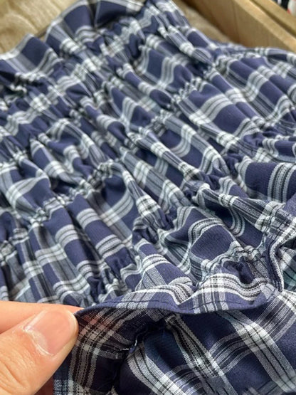Blue Plaid Vintage Midi Skirt Women Summer New Elastic Waist Loose A-line Faldas Bottom Preppy Style Sweet Casual Long Skirts