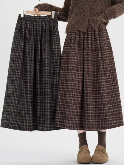 High Waist Plaid Woolen A-Line Skirt plus Size Autumn Winter New Style Retro Artistic Half-length Skirts for Women