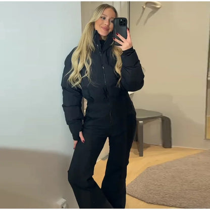 Winter Women's Black Fur Hooded Belted Ski Jumpsuit Slim Fit Waterproof Windproof Skiwear 2026 Lady Warm Sport Snow Bodysuit New