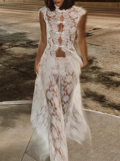 Solid Lace Halter Maxi Dress Sexy Cutout Waist Sheer Slim Fit Fishtail Long Gowns Women's Summer Evening Party Robes 2026 New