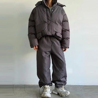 Urban Solid Women Stripe Padded Coat Pant Set Casual Full Sleeve Hooded Zipper Jacket Elastic Waist Pants 2026 Winter Lady Suits