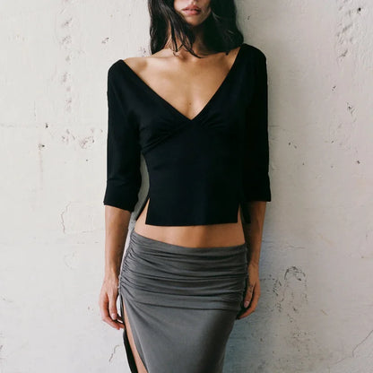 Summer V-Neck Sexy T-Shirts Top Women Solid Patchwork Casual Solid Slim Commute Y2k Top Pullover Female Backless Tee Top 2026