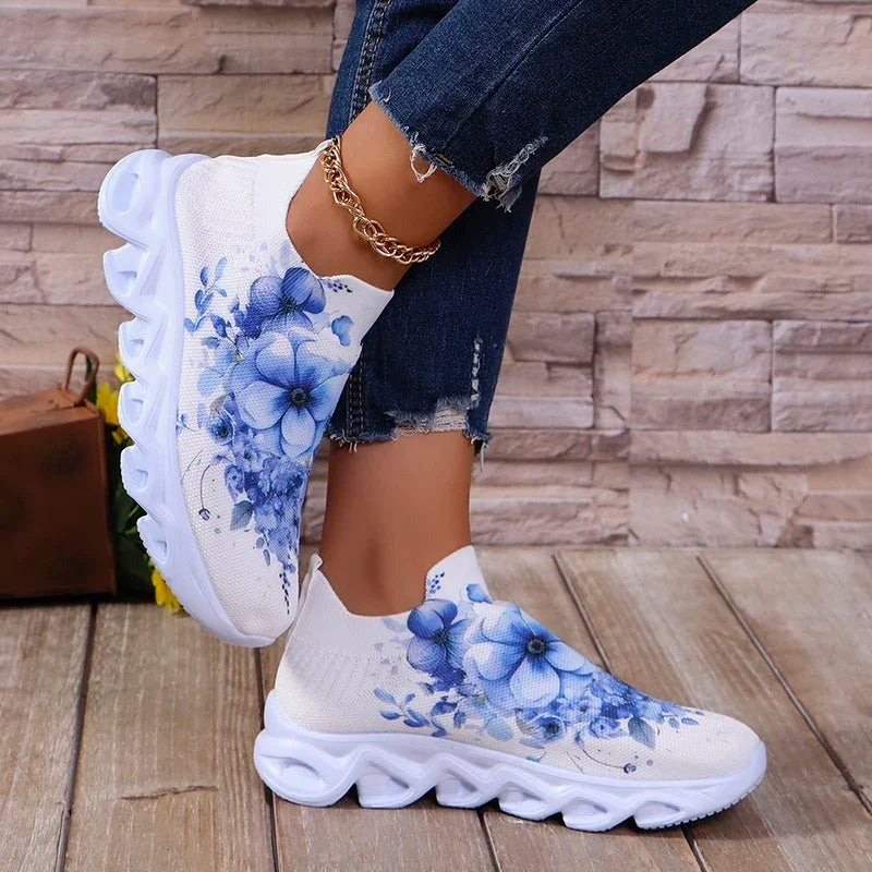 Fashion Printed Women's Running Sneakers Plus Size Knitted Breathable Mesh Casual Shoes Woman Comfortable Non Slip Walking Flats